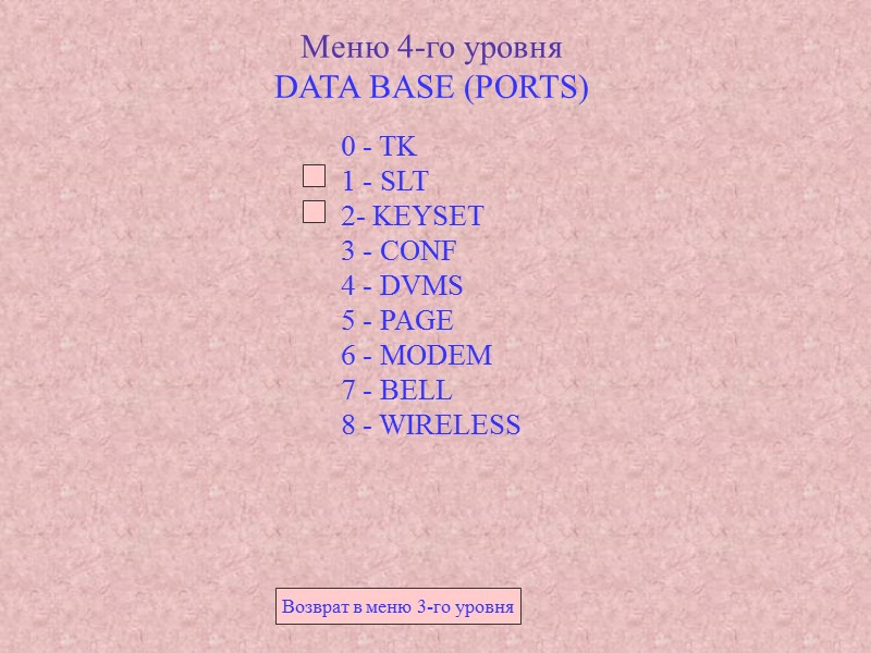 Меню 4-го уровня DATA BASE (PORTS) 0 - TK 1 - SLT 2- Меню 4-го уровня DATA BASE (PORTS) 0 - TK 1 - SLT 2-